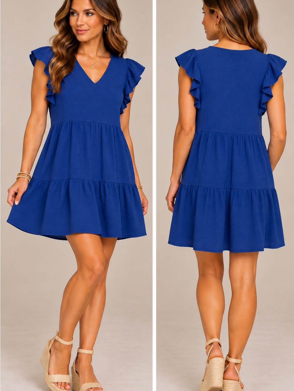 Flutter Sleeve V-Neck Tiered Mini Dress - Navy Blue